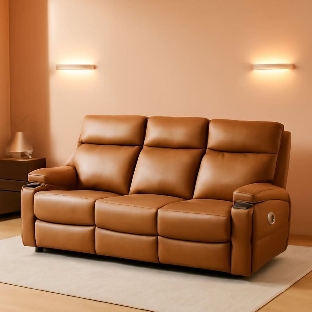 Power Three Seat Recliner Sofa With USB Ports Brown Finish by ShipItFurniture