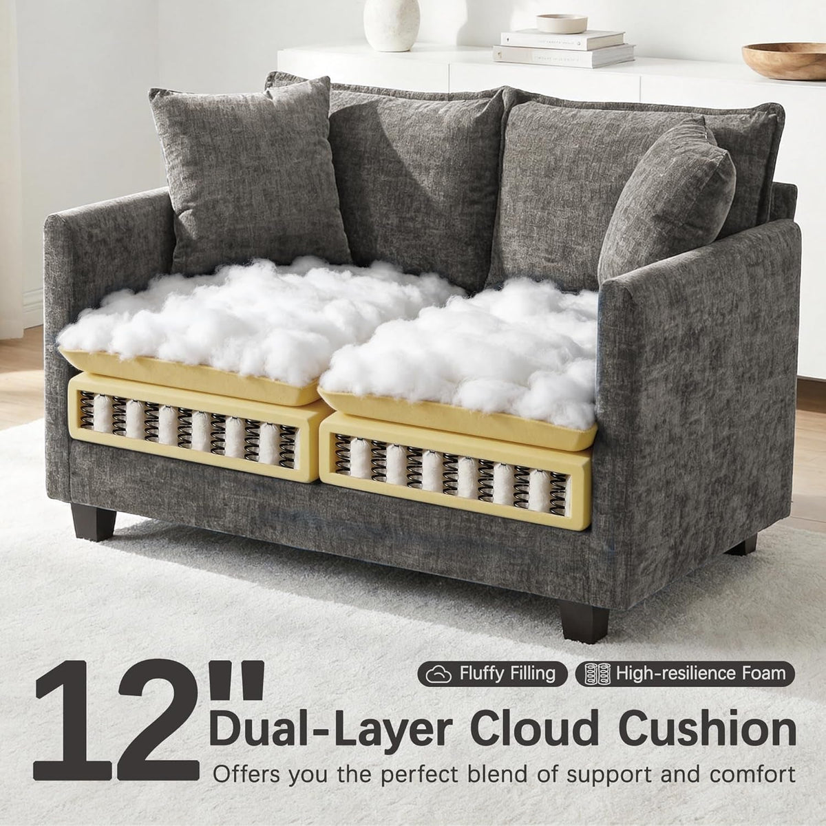 52Inch Compact Loveseat With Ottoman Grey Chenille by ShipItFurniture