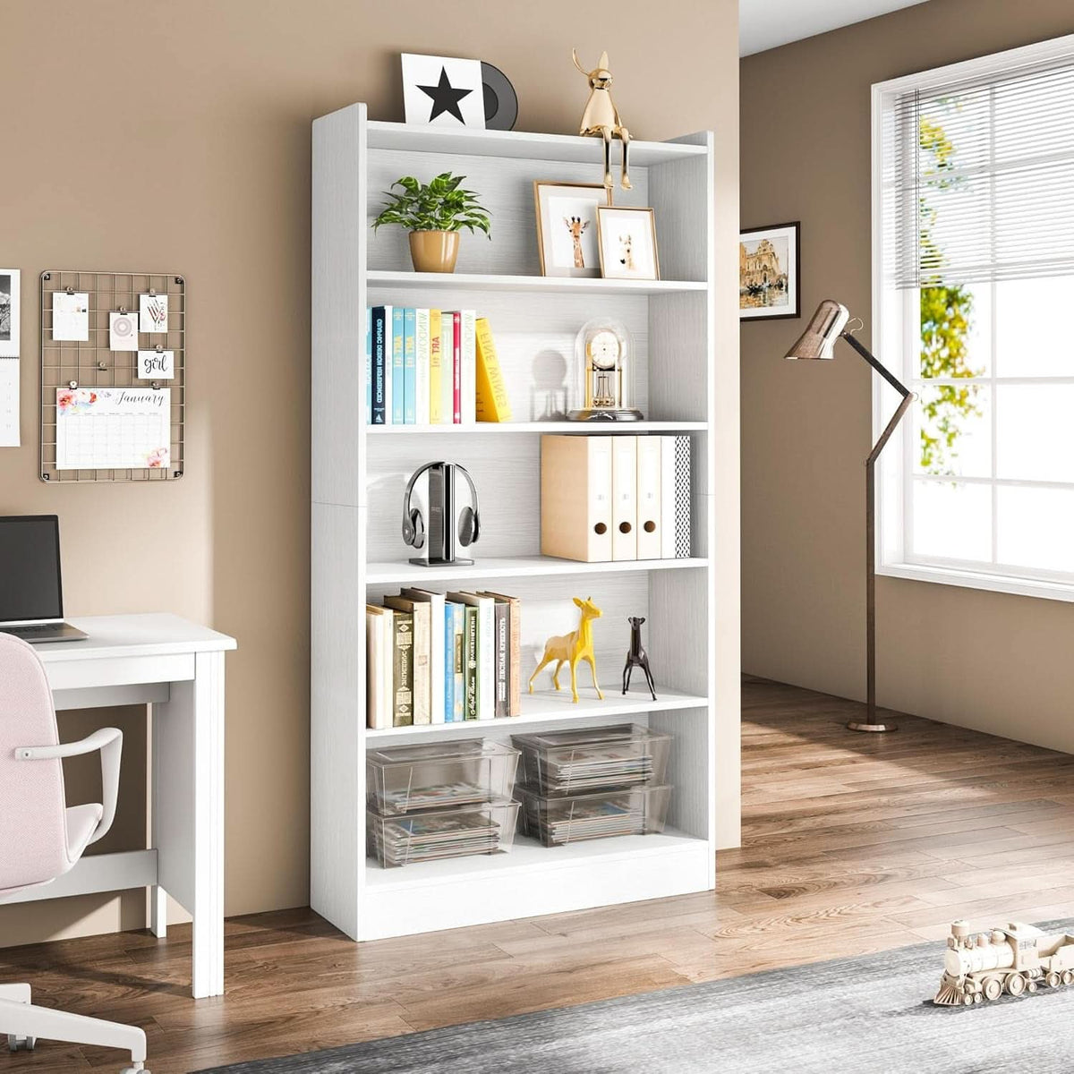 Tall White Six Tier Bookcase 72 Inches Contemporary Wood by ShipItFurniture