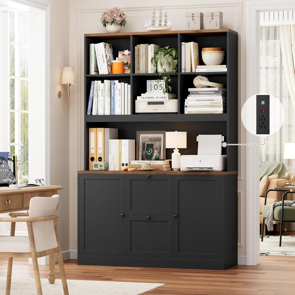 Seventy Two Inch Tall Black Bookcase With Power Out let System by ShipItFurniture