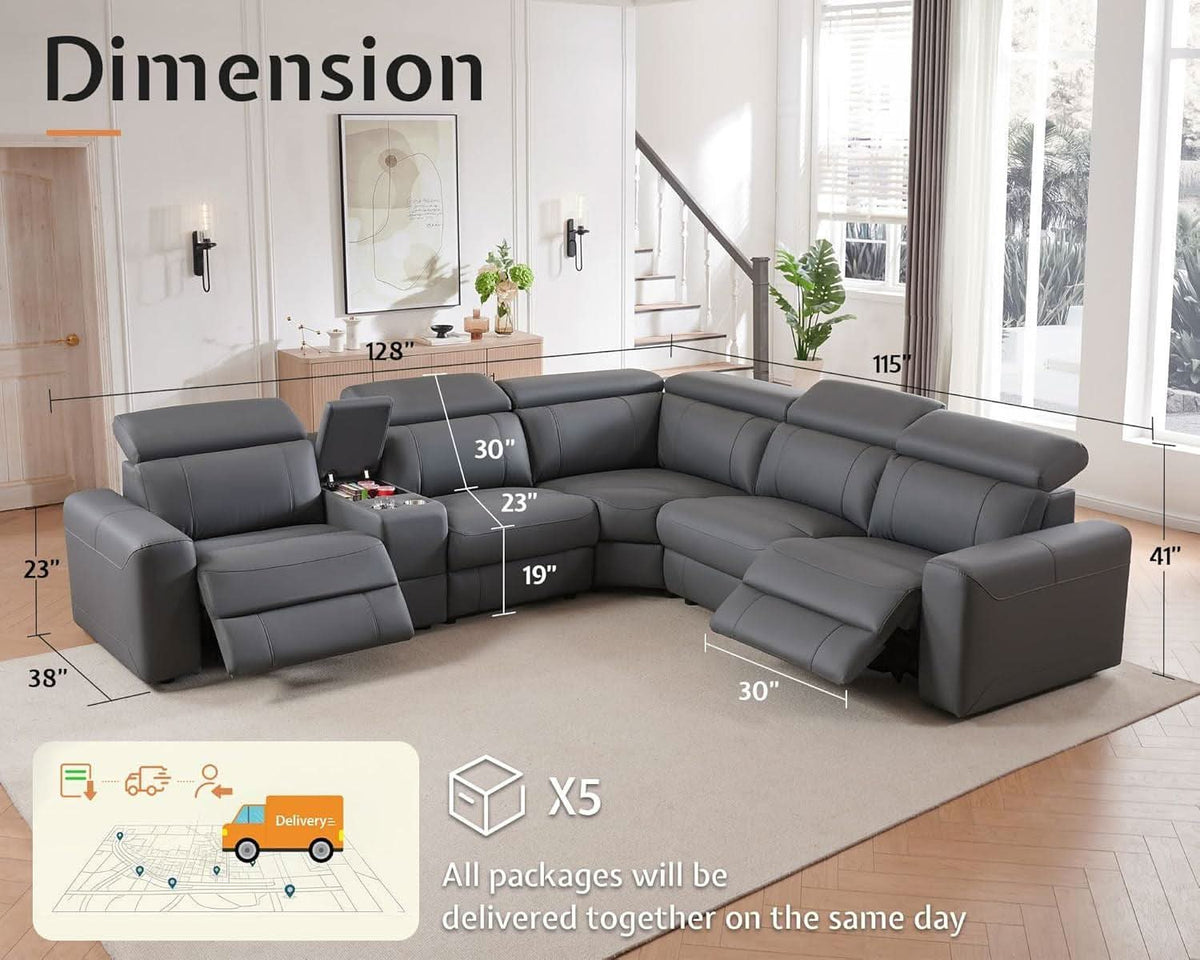 Grey Leather Power Recliner Sofa With Center Console by ShipItFurniture