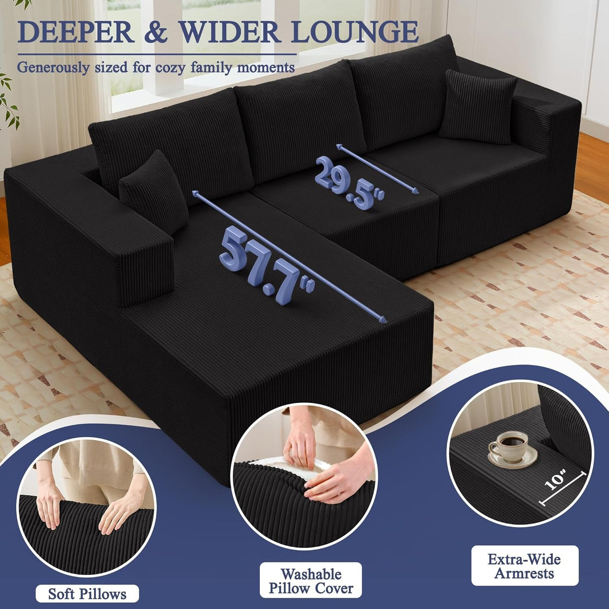 Luxurious Corduroy 108 Inch L Shaped Sofa Memory Foam by ShipItFurniture