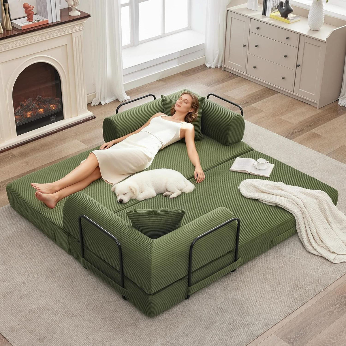 Corduroy Green 79 Inches Inter changeable Plus Sofa Bed by ShipItFurniture