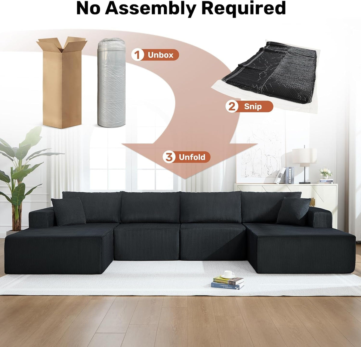 Corduroy Black UShaped 146Inch Modular Sectional Sofa by ShipItFurniture