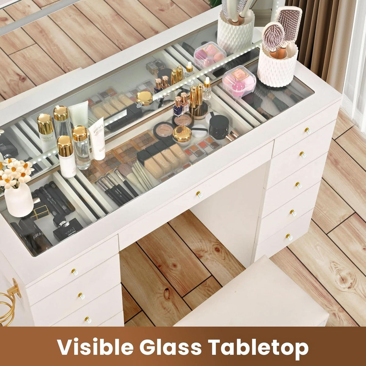 Elegant Translucent White Glass Vanity Desk Storage by ShipItFurniture