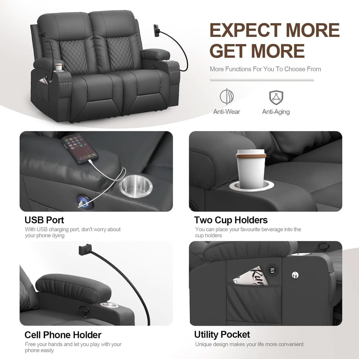 Gray PU Leather Two Seater Recliner Loveseat With USB Ports by ShipItFurniture