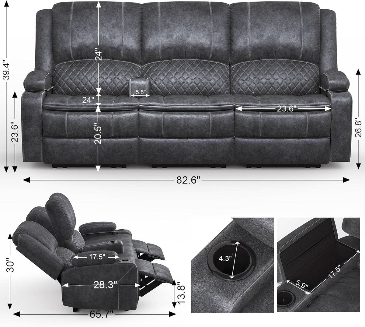 Grey Three Seater Manual Recliner Sofa Modern Living Room by ShipItFurniture