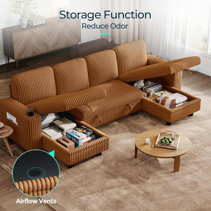 Brown UShaped Convertible Sectional Sofa Bed USBPort by ShipItFurniture