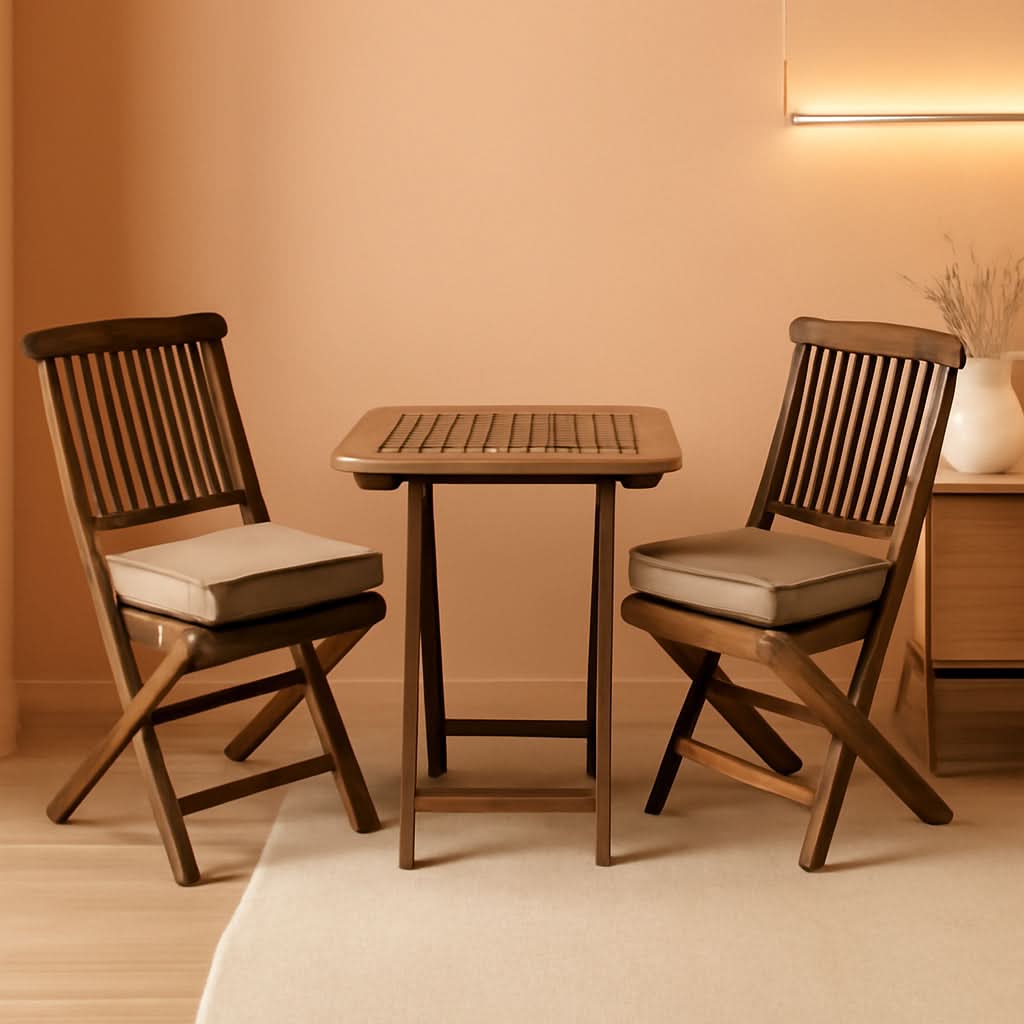 Eucalyptus Wood 3 Piece Foldable Bistro Set Beige Cushions by ShipItFurniture