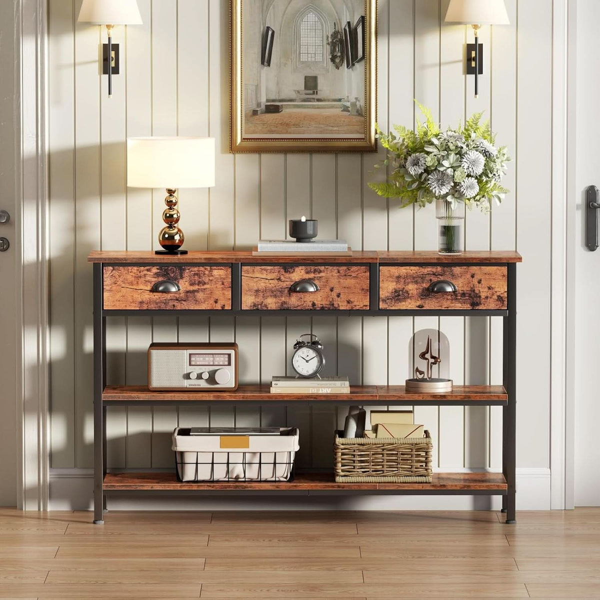 47-Inch Rustic Brown Console Table with 3 Drawers and Storage Shelves by ShipItFurniture