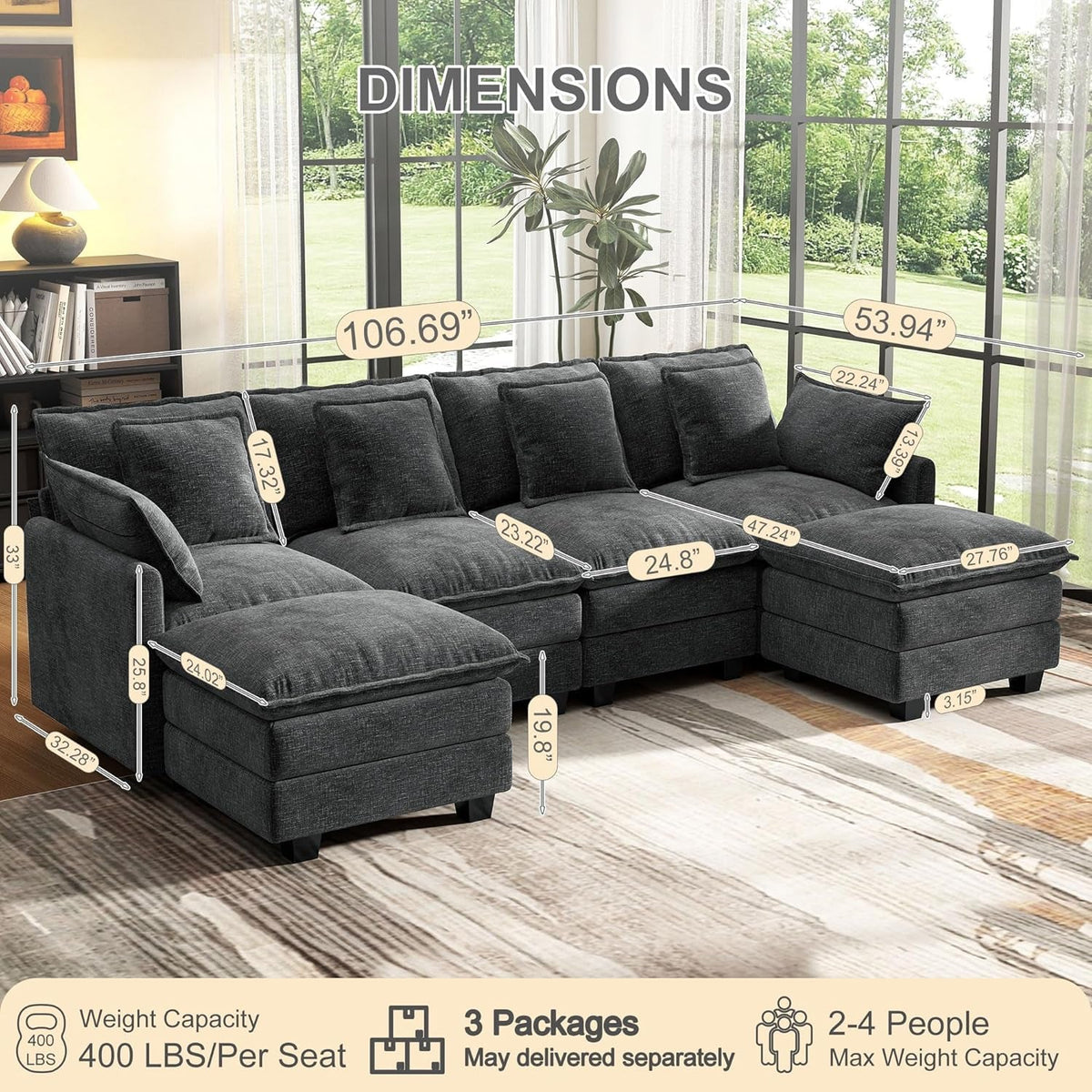 107 Inch Cloud U Shaped Sofa Grey Removable Pillow Covers by ShipItFurniture