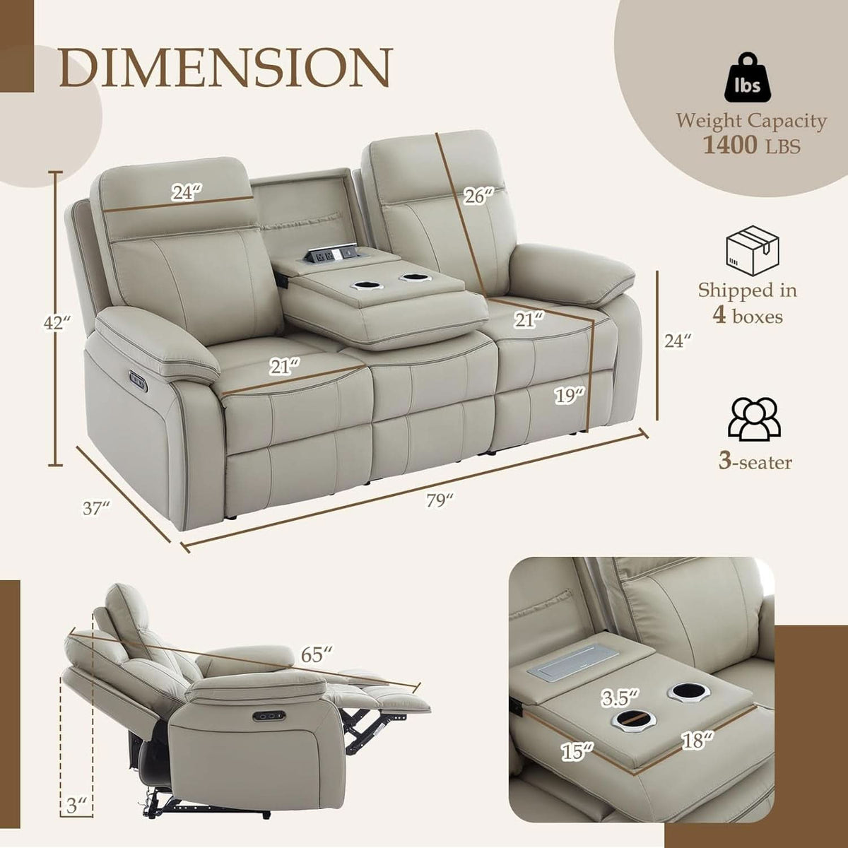 Grey Power Reclining Sofa With Fold Down Table Usb Type C by ShipItFurniture