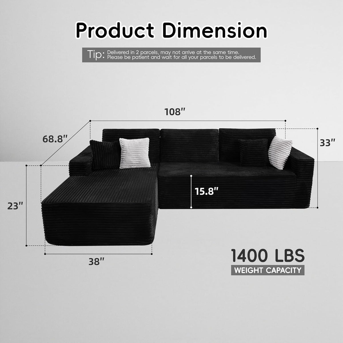 108 Inches Left Facing High End Sectional Sofa Black by ShipItFurniture