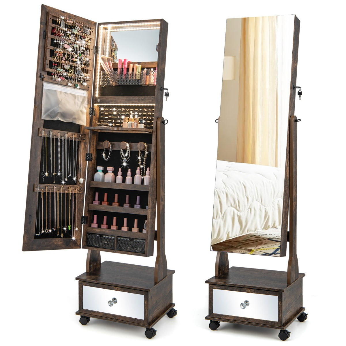 NNECW 159 CM Lockable Jewelry Organizer with 3-Color LED Lights-Brown by NNECW