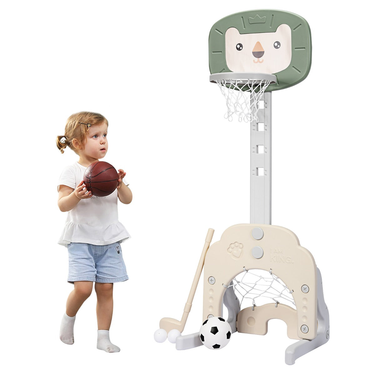 NNECW 3-In-1 Children's Playground with Height-Adjustable Basketball Stand Green by NNECW